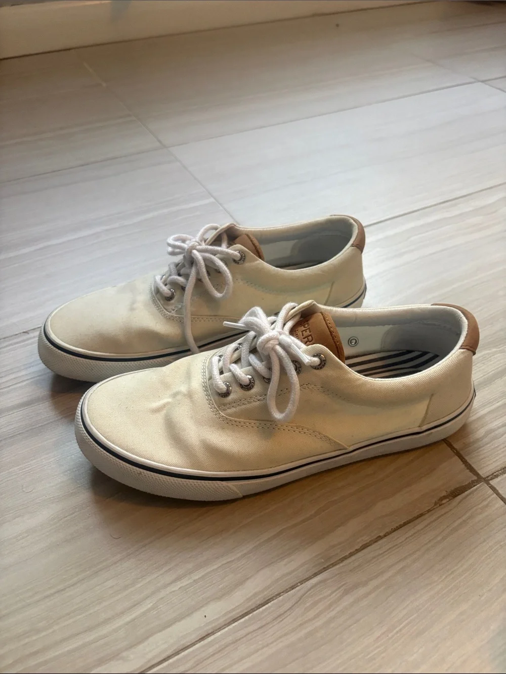 Sperry Men’s Cream Canvas Boat Shoes with White Soles